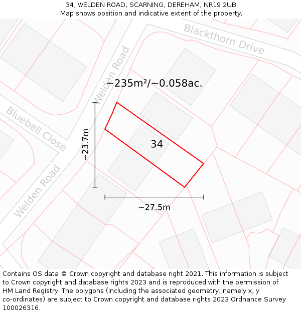 34, WELDEN ROAD, SCARNING, DEREHAM, NR19 2UB: Plot and title map