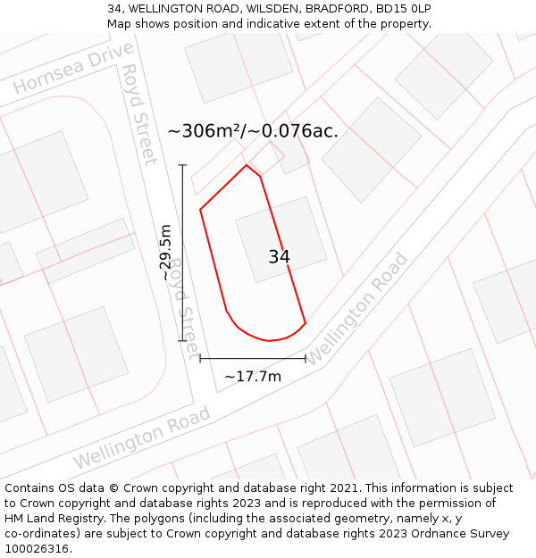 34, WELLINGTON ROAD, WILSDEN, BRADFORD, BD15 0LP: Plot and title map