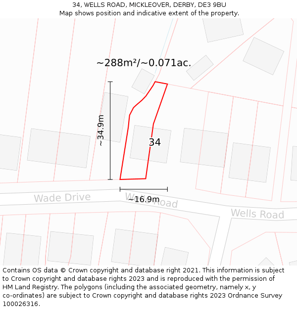 34, WELLS ROAD, MICKLEOVER, DERBY, DE3 9BU: Plot and title map
