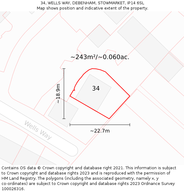 34, WELLS WAY, DEBENHAM, STOWMARKET, IP14 6SL: Plot and title map