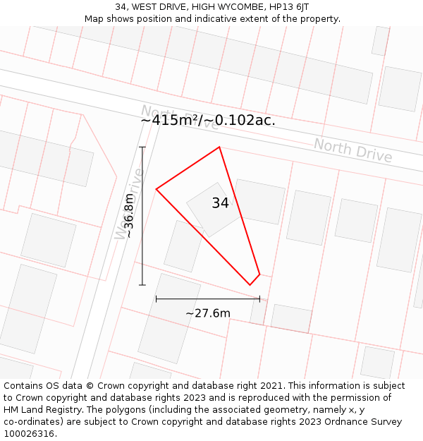 34, WEST DRIVE, HIGH WYCOMBE, HP13 6JT: Plot and title map