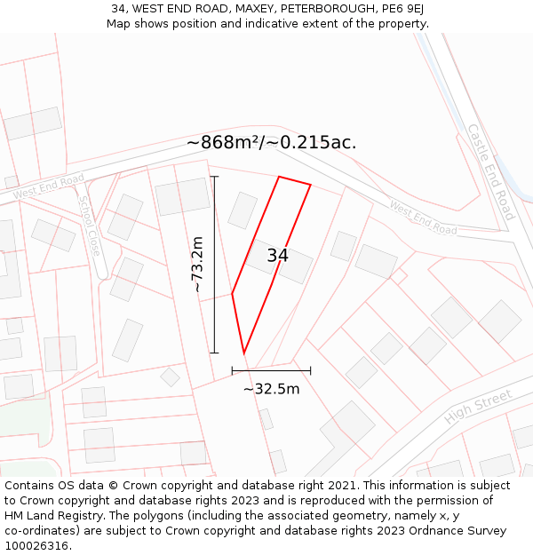 34, WEST END ROAD, MAXEY, PETERBOROUGH, PE6 9EJ: Plot and title map