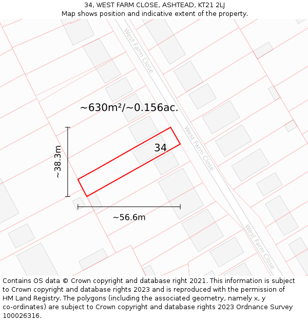 34, WEST FARM CLOSE, ASHTEAD, KT21 2LJ: Plot and title map