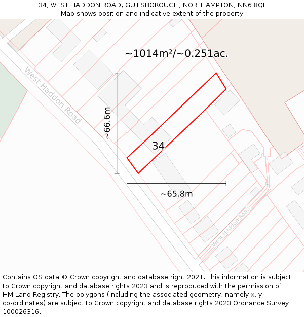 34, WEST HADDON ROAD, GUILSBOROUGH, NORTHAMPTON, NN6 8QL: Plot and title map