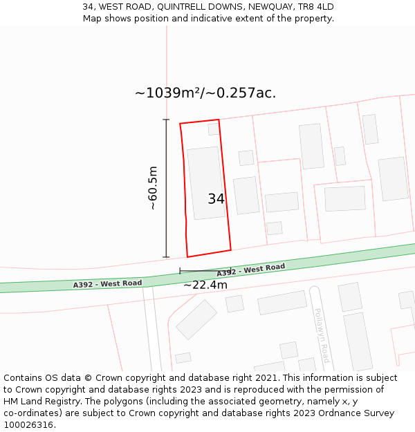 34, WEST ROAD, QUINTRELL DOWNS, NEWQUAY, TR8 4LD: Plot and title map