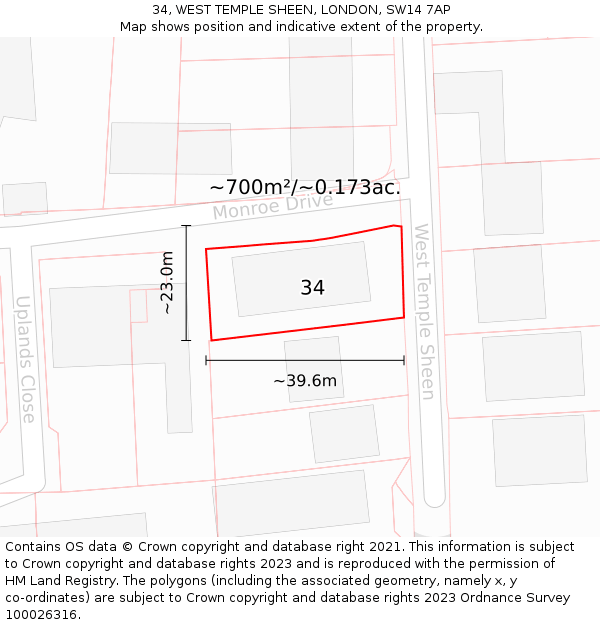 34, WEST TEMPLE SHEEN, LONDON, SW14 7AP: Plot and title map