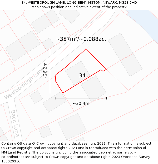 34, WESTBOROUGH LANE, LONG BENNINGTON, NEWARK, NG23 5HD: Plot and title map