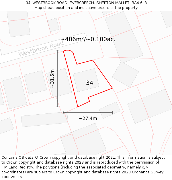34, WESTBROOK ROAD, EVERCREECH, SHEPTON MALLET, BA4 6LR: Plot and title map