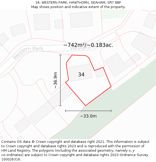 34, WESTERN PARK, HAWTHORN, SEAHAM, SR7 8BF: Plot and title map