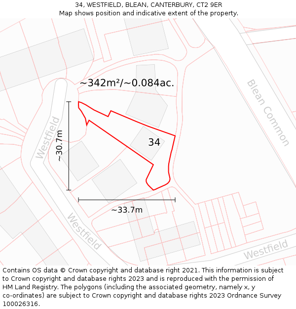 34, WESTFIELD, BLEAN, CANTERBURY, CT2 9ER: Plot and title map
