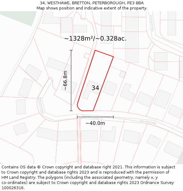 34, WESTHAWE, BRETTON, PETERBOROUGH, PE3 8BA: Plot and title map