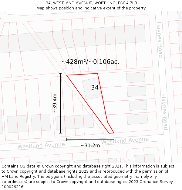 34, WESTLAND AVENUE, WORTHING, BN14 7LB: Plot and title map