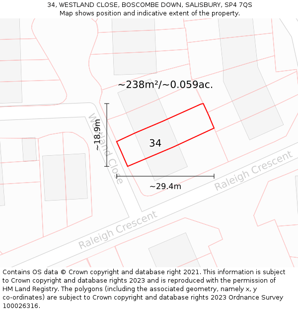 34, WESTLAND CLOSE, BOSCOMBE DOWN, SALISBURY, SP4 7QS: Plot and title map