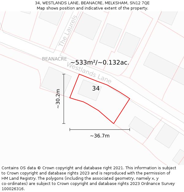 34, WESTLANDS LANE, BEANACRE, MELKSHAM, SN12 7QE: Plot and title map