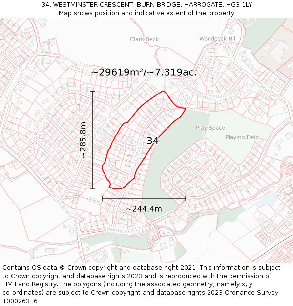 34, WESTMINSTER CRESCENT, BURN BRIDGE, HARROGATE, HG3 1LY: Plot and title map