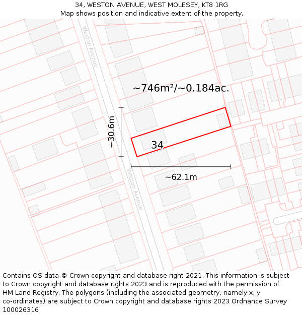 34, WESTON AVENUE, WEST MOLESEY, KT8 1RG: Plot and title map