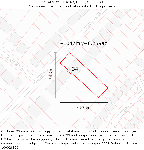 34, WESTOVER ROAD, FLEET, GU51 3DB: Plot and title map