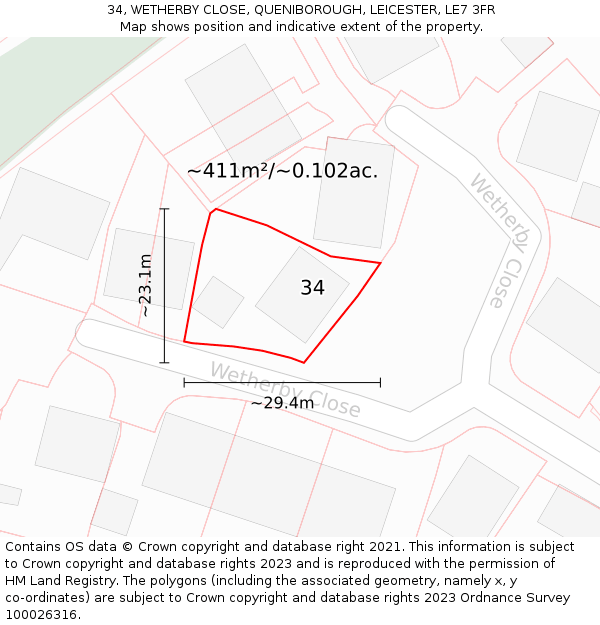 34, WETHERBY CLOSE, QUENIBOROUGH, LEICESTER, LE7 3FR: Plot and title map