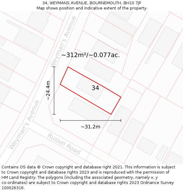 34, WEYMANS AVENUE, BOURNEMOUTH, BH10 7JP: Plot and title map