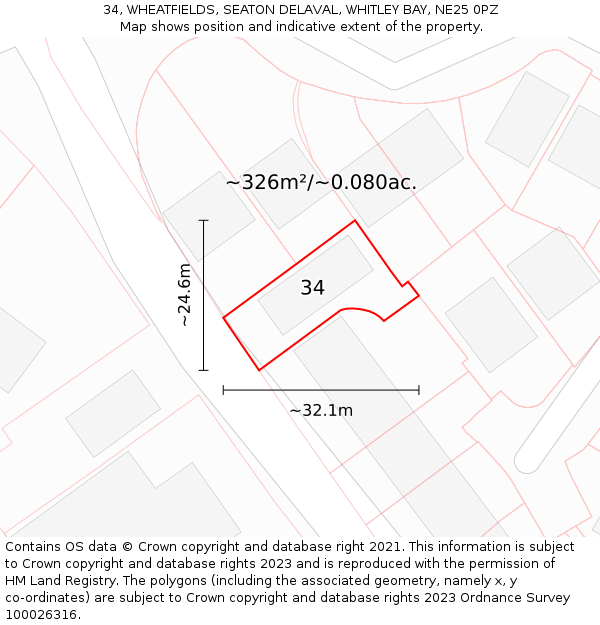 34, WHEATFIELDS, SEATON DELAVAL, WHITLEY BAY, NE25 0PZ: Plot and title map