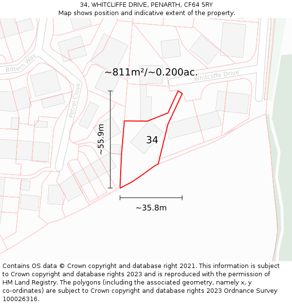 34, WHITCLIFFE DRIVE, PENARTH, CF64 5RY: Plot and title map