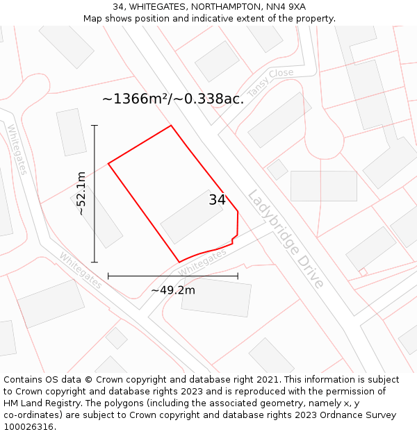 34, WHITEGATES, NORTHAMPTON, NN4 9XA: Plot and title map