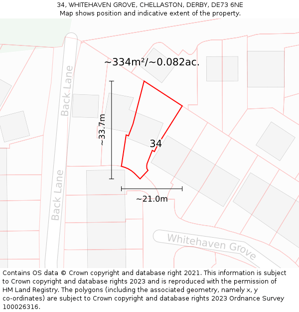 34, WHITEHAVEN GROVE, CHELLASTON, DERBY, DE73 6NE: Plot and title map