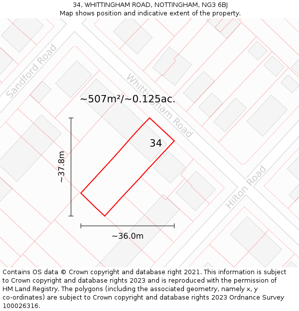 34, WHITTINGHAM ROAD, NOTTINGHAM, NG3 6BJ: Plot and title map