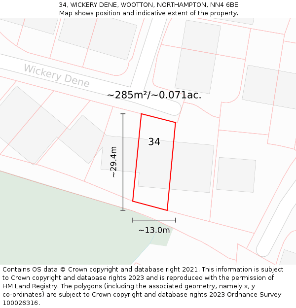 34, WICKERY DENE, WOOTTON, NORTHAMPTON, NN4 6BE: Plot and title map