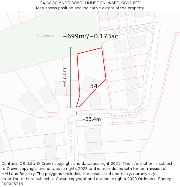 34, WICKLANDS ROAD, HUNSDON, WARE, SG12 8PD: Plot and title map