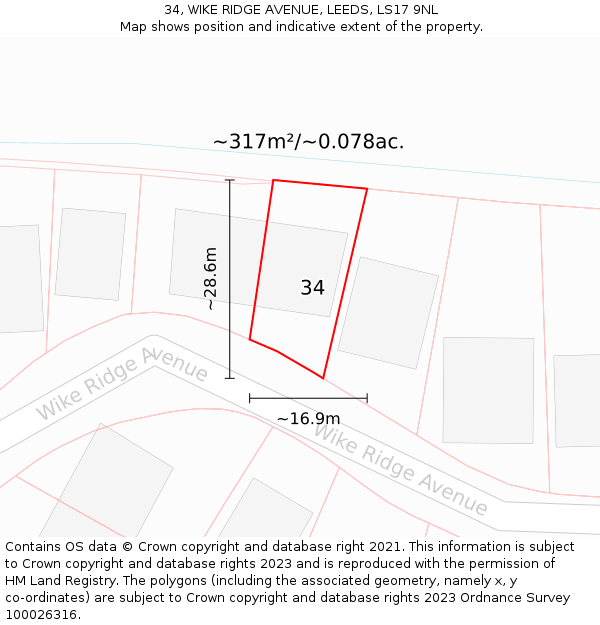 34, WIKE RIDGE AVENUE, LEEDS, LS17 9NL: Plot and title map
