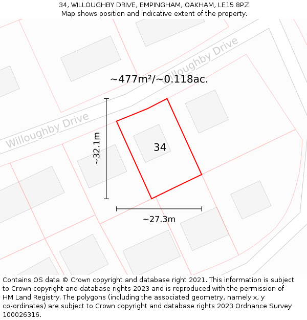 34, WILLOUGHBY DRIVE, EMPINGHAM, OAKHAM, LE15 8PZ: Plot and title map