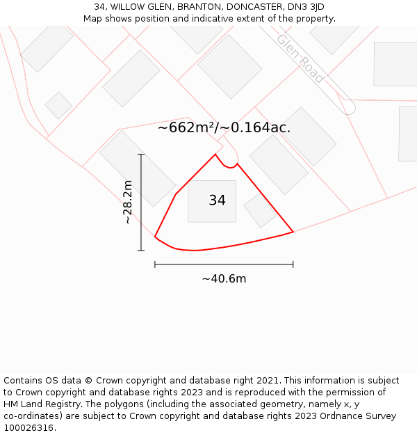34, WILLOW GLEN, BRANTON, DONCASTER, DN3 3JD: Plot and title map