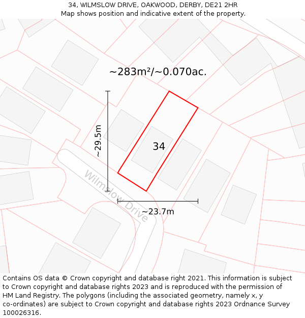 34, WILMSLOW DRIVE, OAKWOOD, DERBY, DE21 2HR: Plot and title map