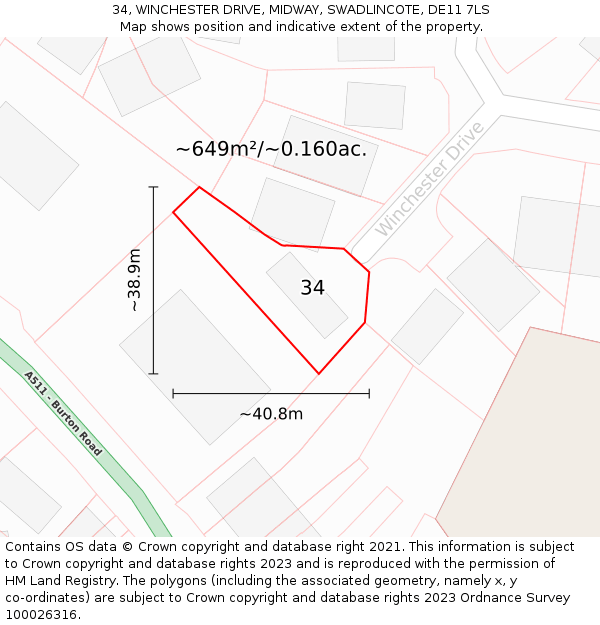 34, WINCHESTER DRIVE, MIDWAY, SWADLINCOTE, DE11 7LS: Plot and title map