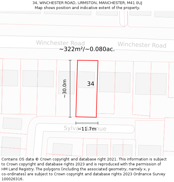 34, WINCHESTER ROAD, URMSTON, MANCHESTER, M41 0UJ: Plot and title map