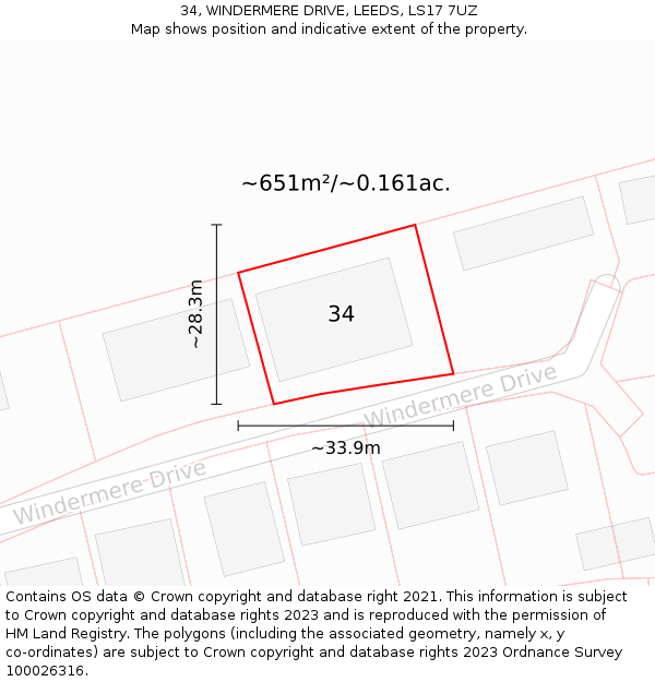34, WINDERMERE DRIVE, LEEDS, LS17 7UZ: Plot and title map
