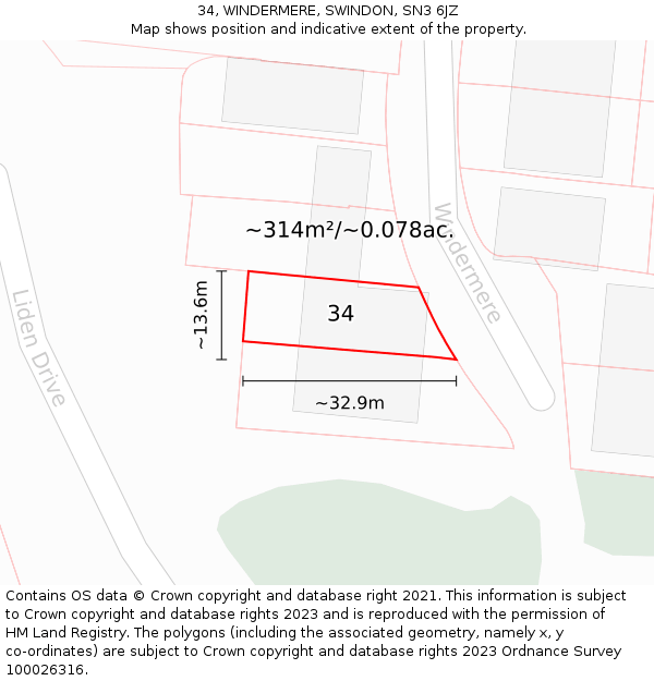 34, WINDERMERE, SWINDON, SN3 6JZ: Plot and title map