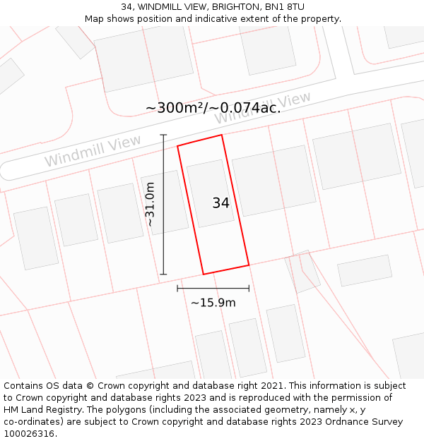 34, WINDMILL VIEW, BRIGHTON, BN1 8TU: Plot and title map