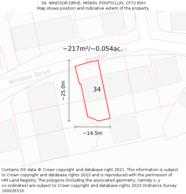 34, WINDSOR DRIVE, MISKIN, PONTYCLUN, CF72 8SH: Plot and title map