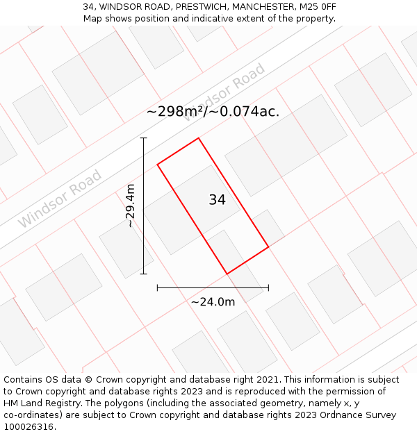 34, WINDSOR ROAD, PRESTWICH, MANCHESTER, M25 0FF: Plot and title map
