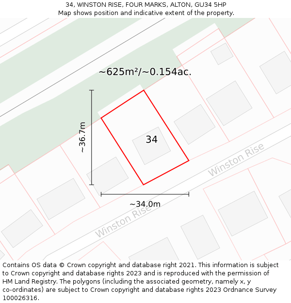 34, WINSTON RISE, FOUR MARKS, ALTON, GU34 5HP: Plot and title map