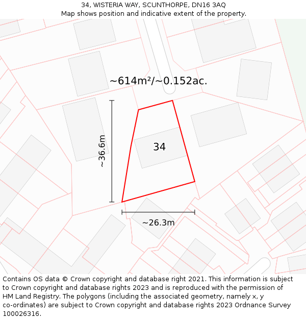 34, WISTERIA WAY, SCUNTHORPE, DN16 3AQ: Plot and title map