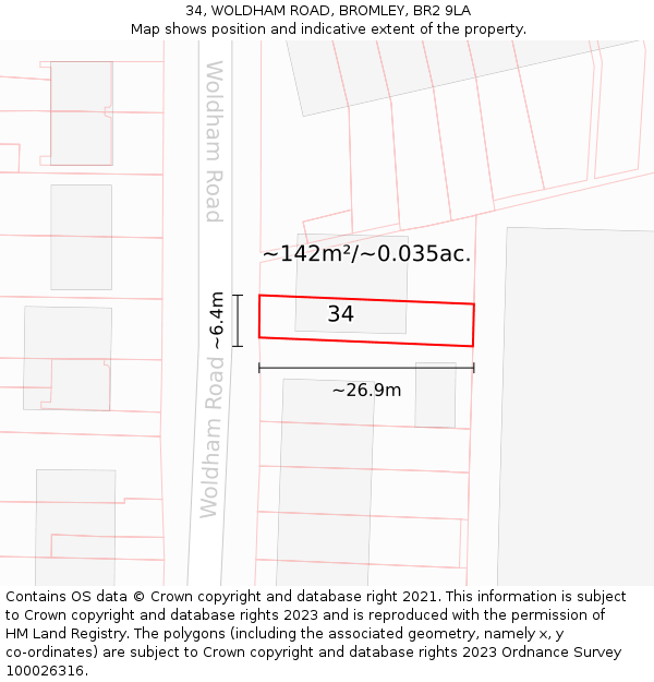 34, WOLDHAM ROAD, BROMLEY, BR2 9LA: Plot and title map