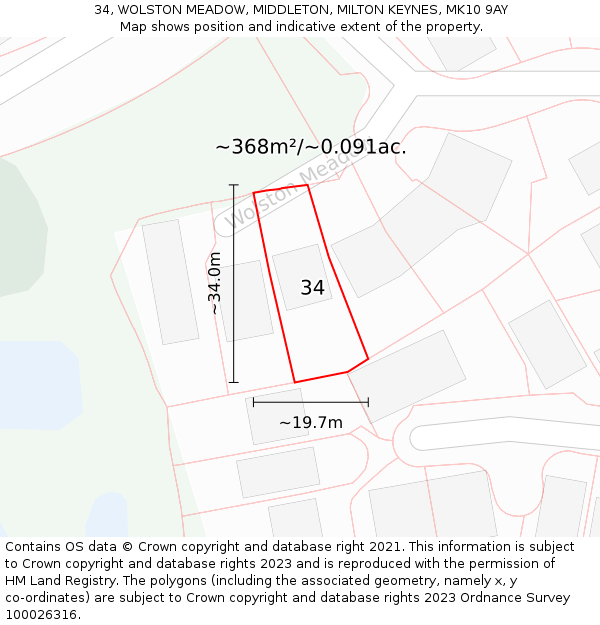 34, WOLSTON MEADOW, MIDDLETON, MILTON KEYNES, MK10 9AY: Plot and title map