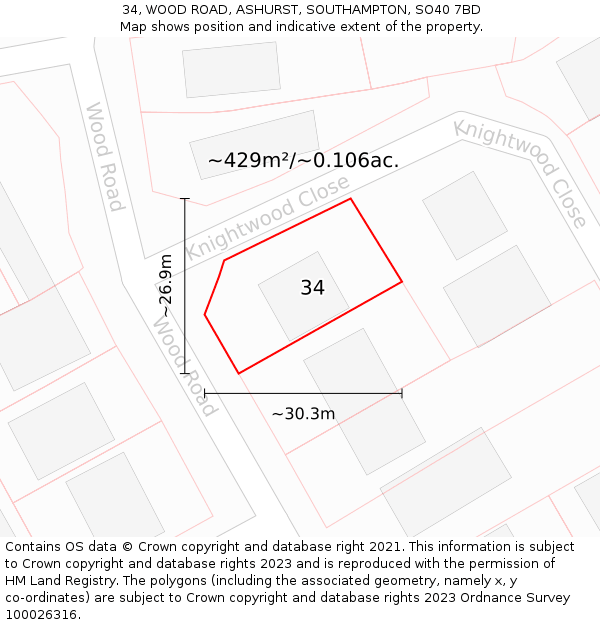34, WOOD ROAD, ASHURST, SOUTHAMPTON, SO40 7BD: Plot and title map