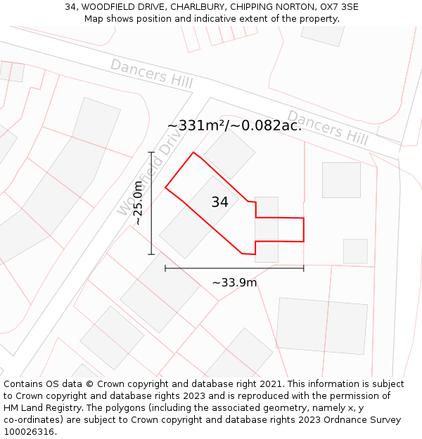 34, WOODFIELD DRIVE, CHARLBURY, CHIPPING NORTON, OX7 3SE: Plot and title map