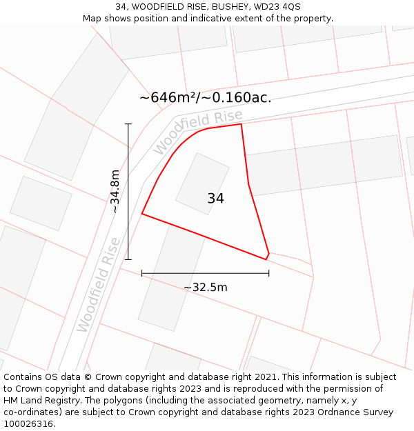 34, WOODFIELD RISE, BUSHEY, WD23 4QS: Plot and title map