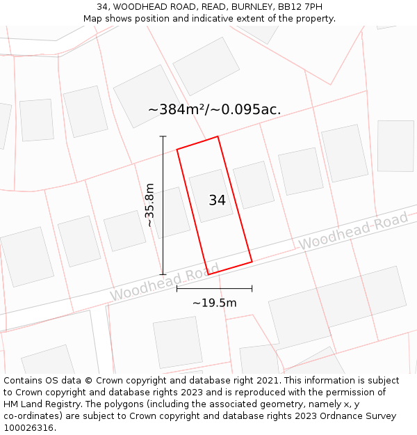 34, WOODHEAD ROAD, READ, BURNLEY, BB12 7PH: Plot and title map
