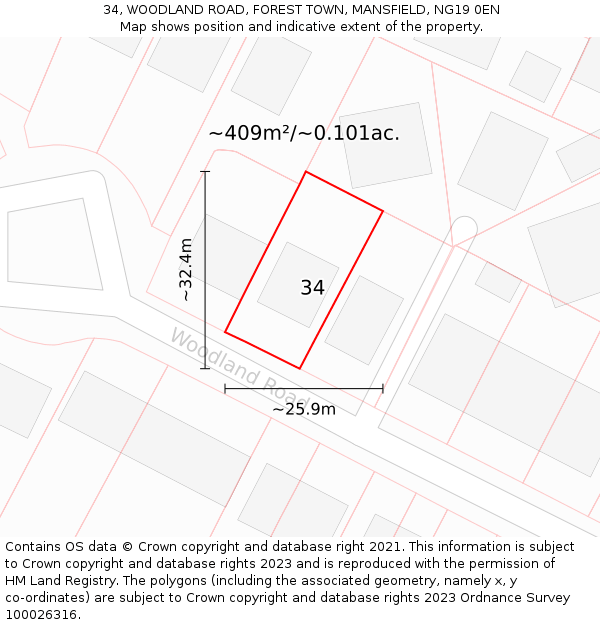 34, WOODLAND ROAD, FOREST TOWN, MANSFIELD, NG19 0EN: Plot and title map
